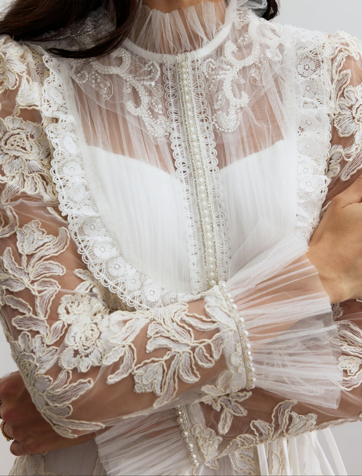 Cream Floral Lace Ruffle High Neck Long Sleeve Belted Maxi Dress