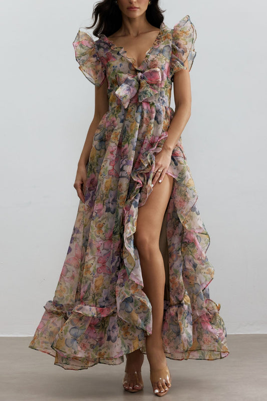 Butterfly Print Ruffle Chiffon Maxi Dress