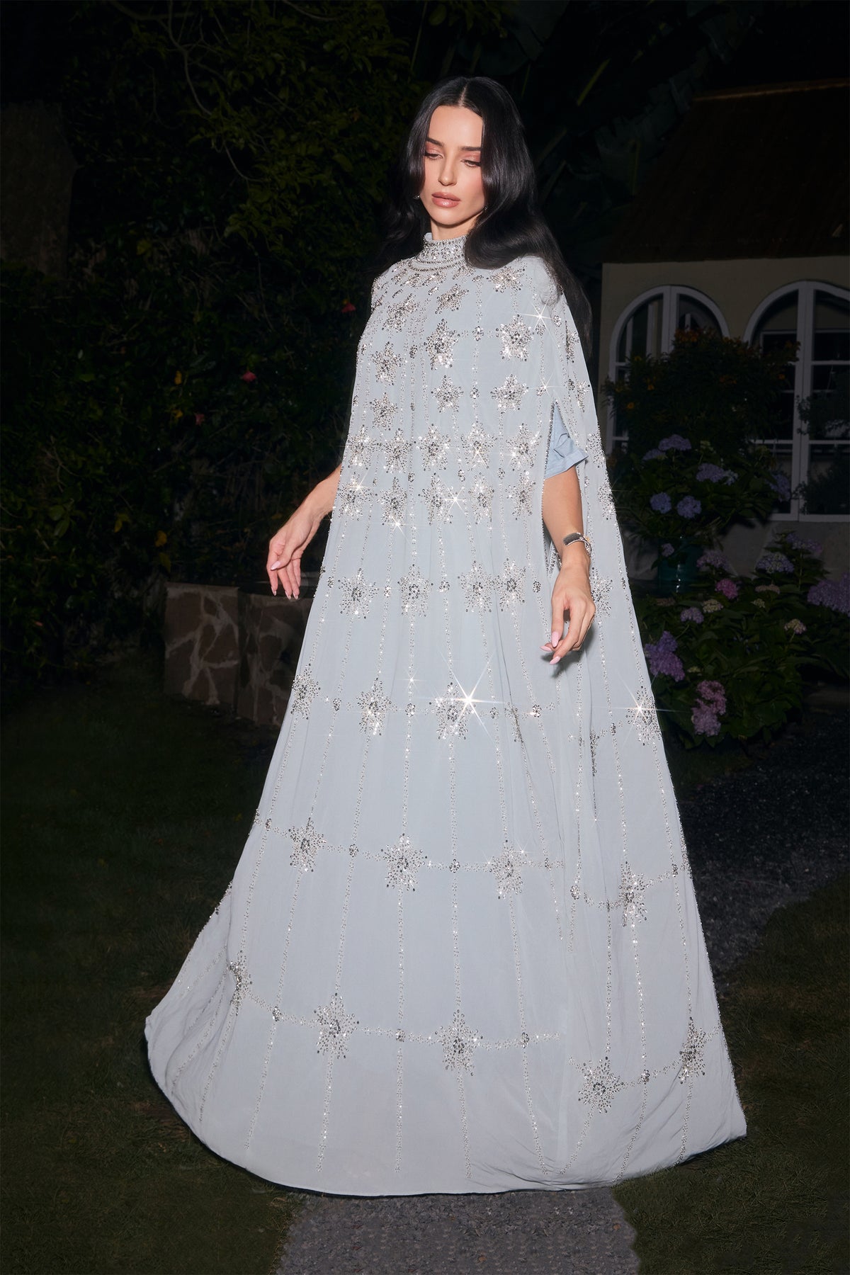 Light Blue Star Rhinestone Embellished Cape Sleeve High Neck Chiffon Kaftan Gown