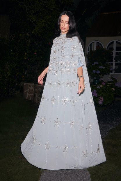 Light Blue Star Rhinestone Embellished Cape Sleeve High Neck Chiffon Kaftan Gown