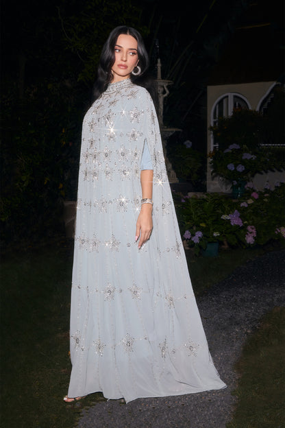 Light Blue Star Rhinestone Embellished Cape Sleeve High Neck Chiffon Kaftan Gown