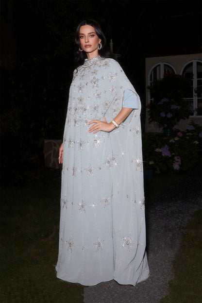 Light Blue Star Rhinestone Embellished Cape Sleeve High Neck Chiffon Kaftan Gown