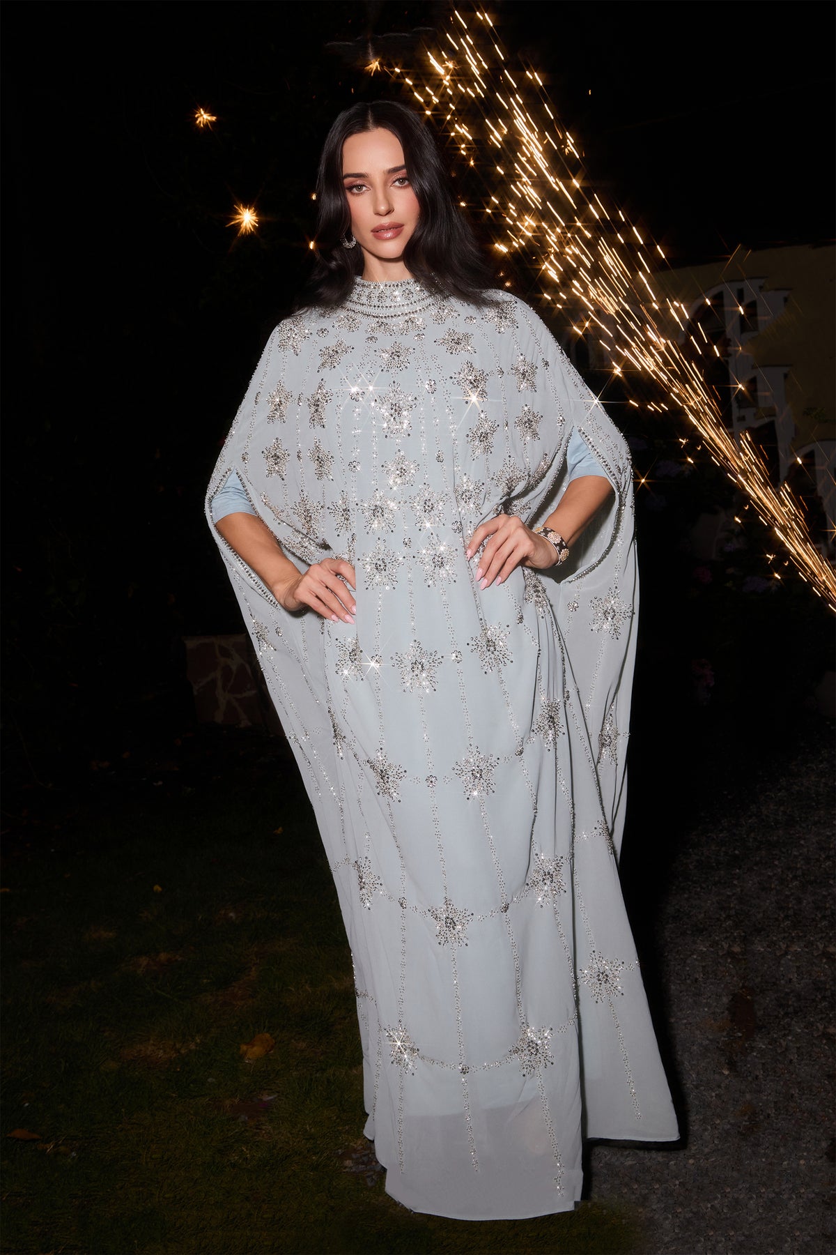 Light Blue Star Rhinestone Embellished Cape Sleeve High Neck Chiffon Kaftan Gown