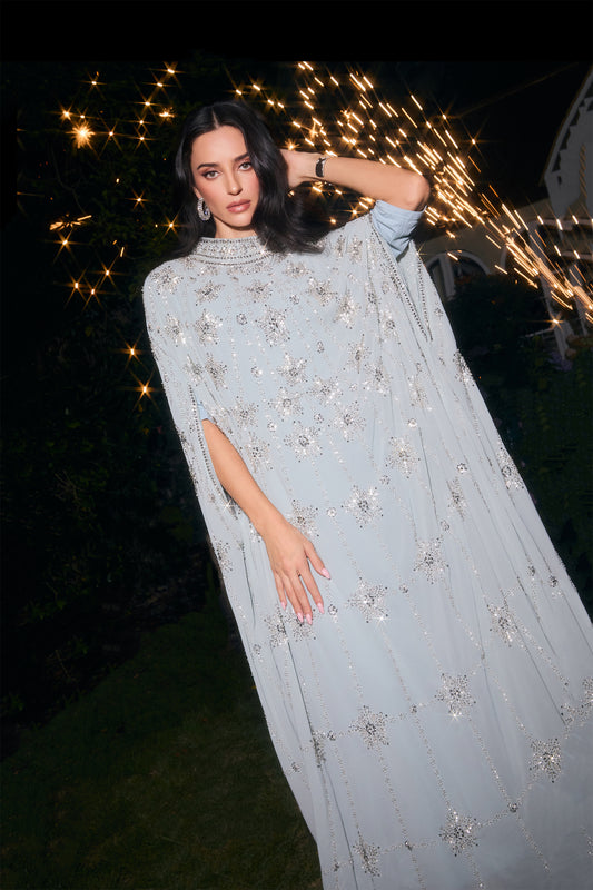 Light Blue Star Rhinestone Embellished Cape Sleeve High Neck Chiffon Kaftan Gown