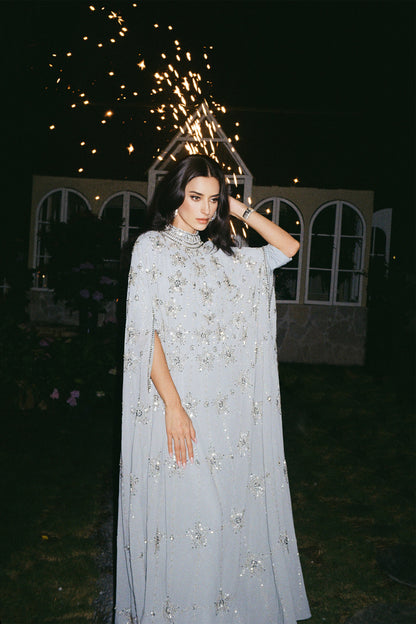 Light Blue Star Rhinestone Embellished Cape Sleeve High Neck Chiffon Kaftan Gown