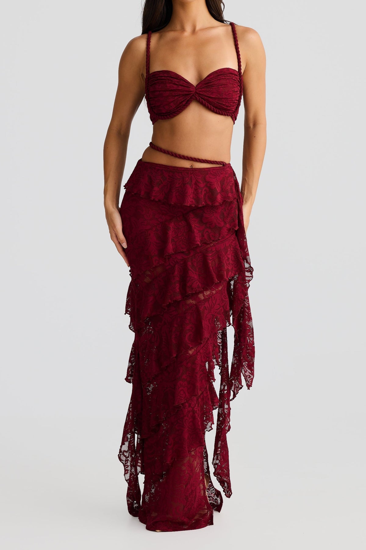 crafted rope crop top  lace skirt set in burgundy