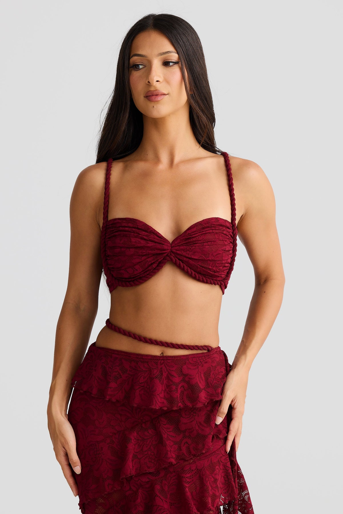 crafted rope crop top  lace skirt set in burgundy
