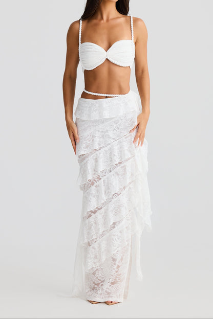 crafted rope crop top  lace skirt set in white