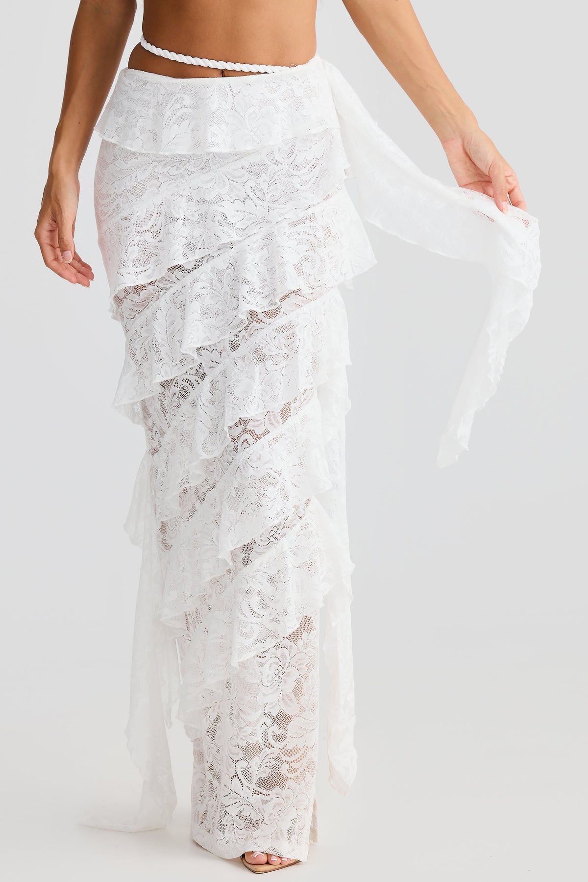 crafted rope crop top  lace skirt set in white