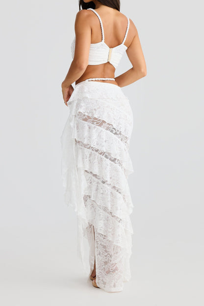 crafted rope crop top  lace skirt set in white