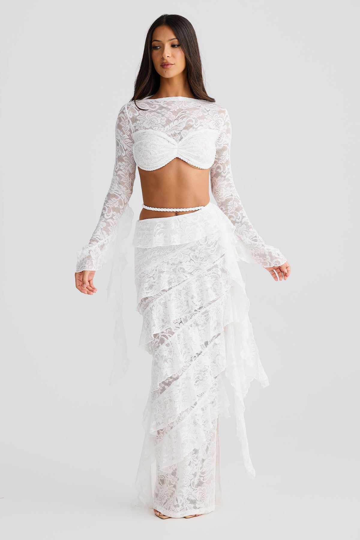 crafted rope crop top  lace skirt set in white