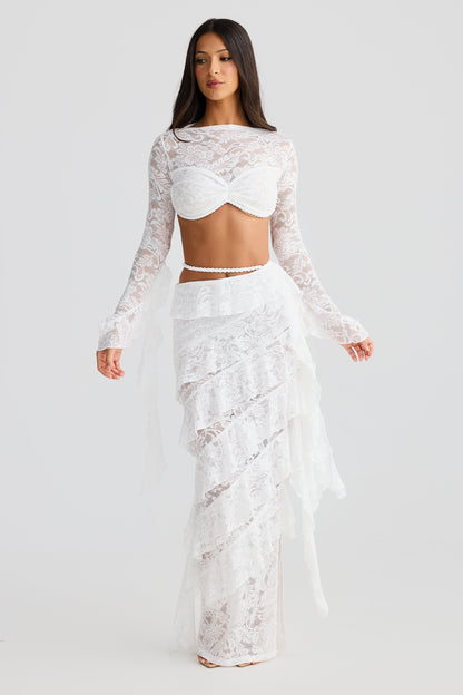 crafted rope crop top  lace skirt set in white