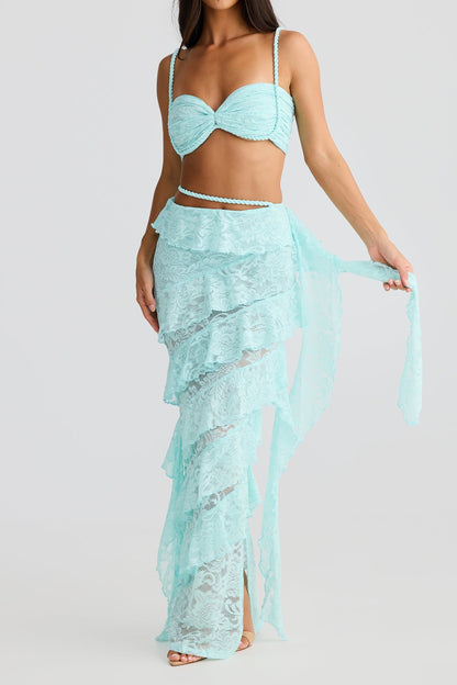 crafted rope crop top  lace skirt set in pale blue