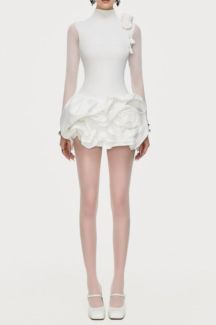 3d flower hem Mesh mini dress in white