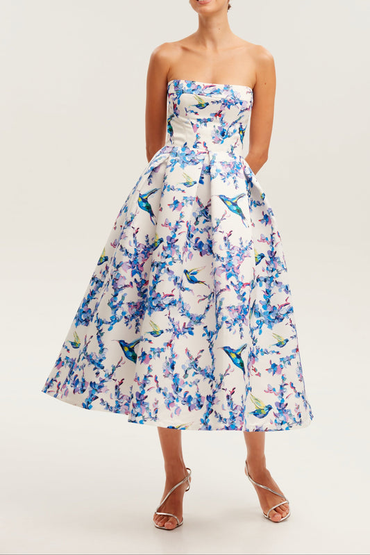 Strapless midi dress with bird and flower print, Garden of Eden