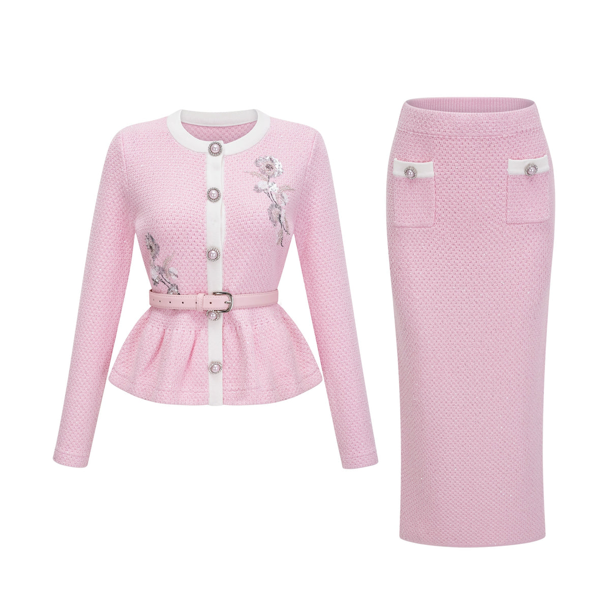 shirley Sequined Knit Cardigan & Skirt Set - pink