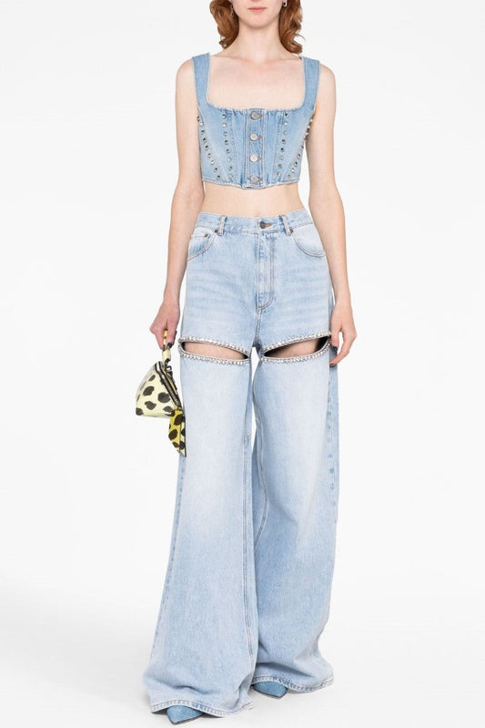Maeia Rhinestone Cutout Jeans - Blue