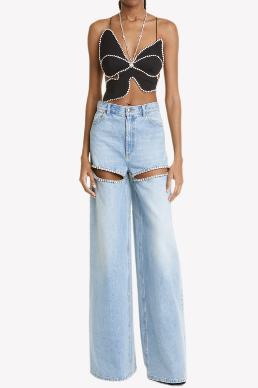 Maeia Rhinestone Cutout Jeans - Blue