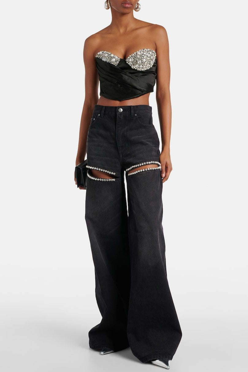 Maeia Rhinestone Cutout Jeans - Black
