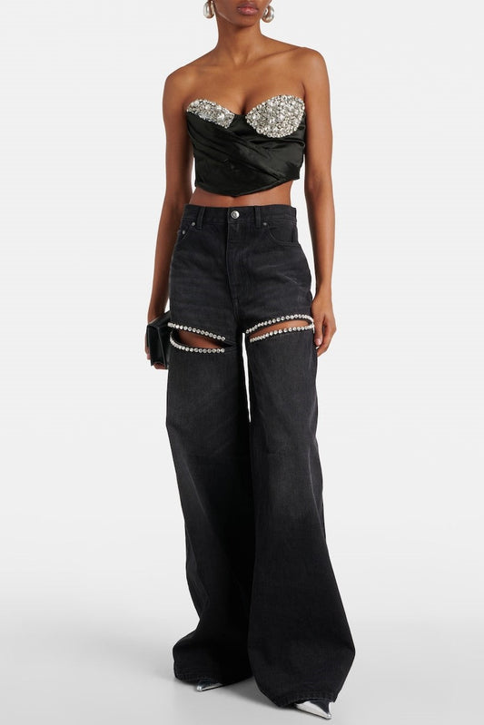 Maeia Rhinestone Cutout Jeans - Black