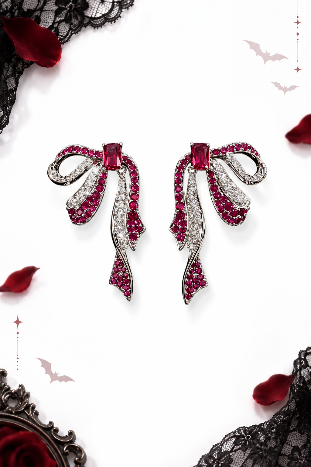 Magenta Crystal Bow Drop Earrings