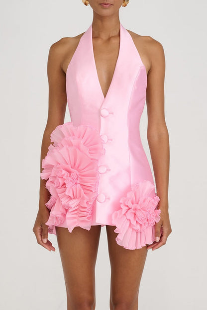 Satin Floral Halter Mini Dress