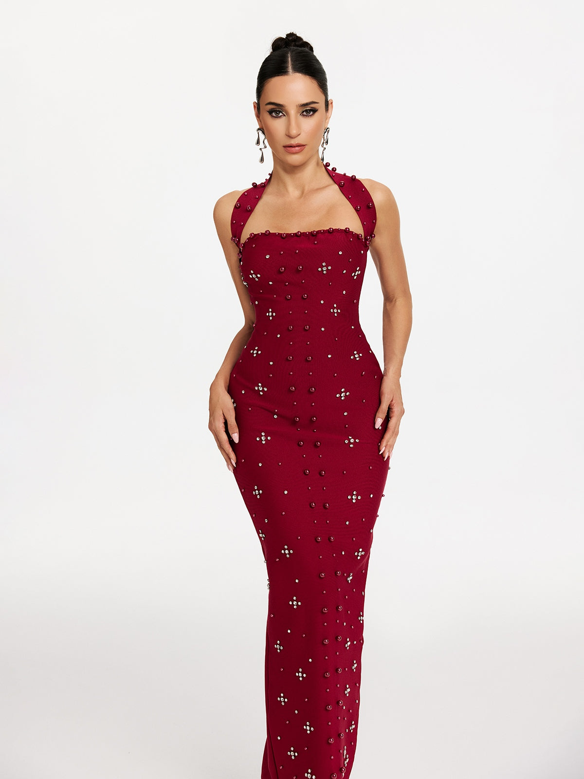 elvira Halterneck Pearl Bandage midi Dress in red