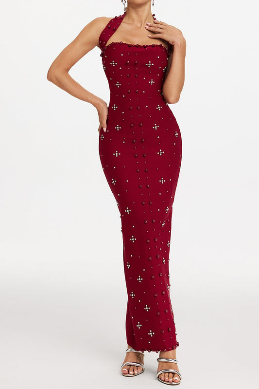 elvira Halterneck Pearl Bandage midi Dress in red