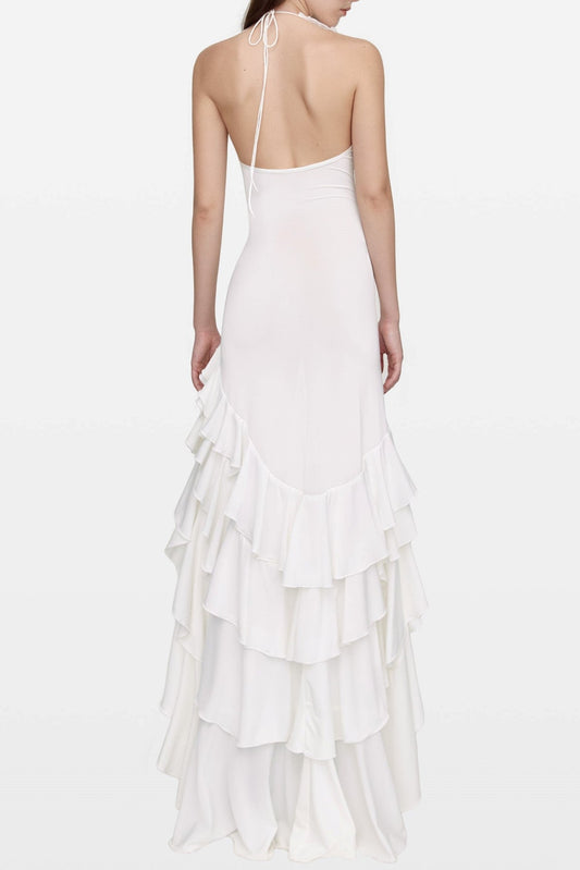 Malia Halter Mesh Flower Ruffle Midi Dress