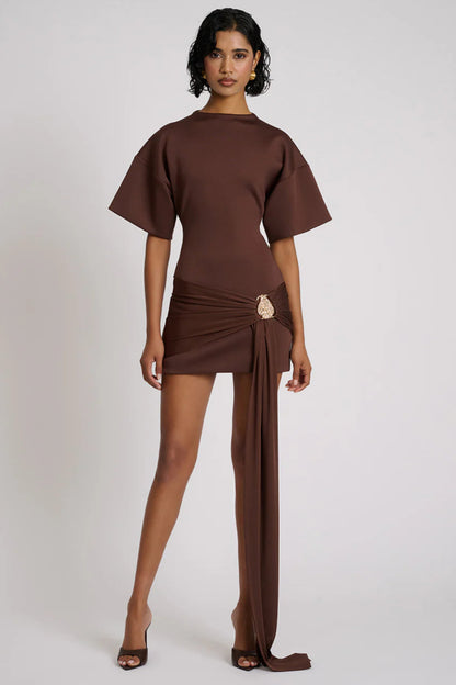 Draped Embellished Mini Dress - Brown