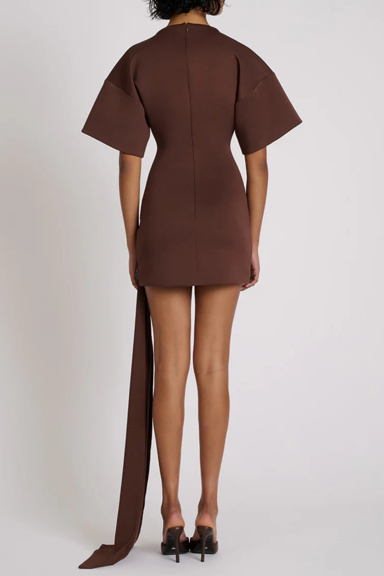 Draped Embellished Mini Dress - Brown