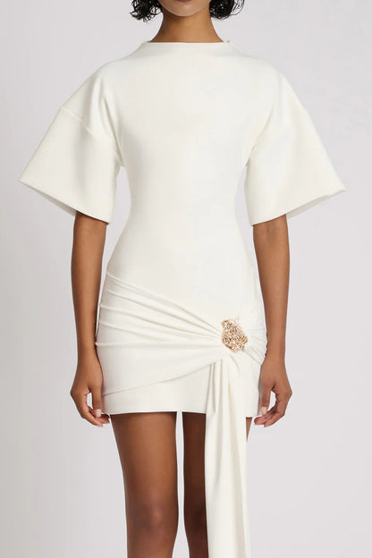 Draped Embellished Mini Dress - White