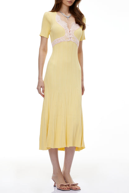 apphia Yellow Contrast Lace Knit Midi Dress