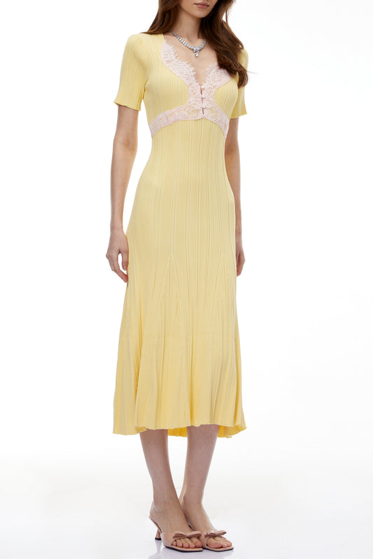 apphia Yellow Contrast Lace Knit Midi Dress