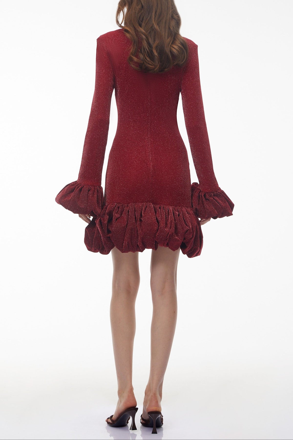 tabitha Long Sleeve Midi Dress with Ruffled Trim - burgundy