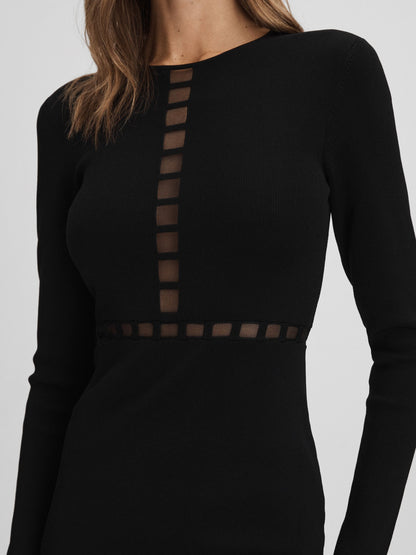 Mesh Detail Midi Dress in Black