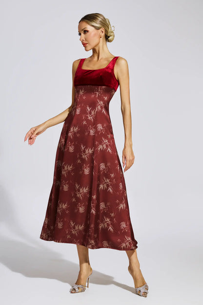 lucy Retro square neck print suspender midi dress - Burgundy