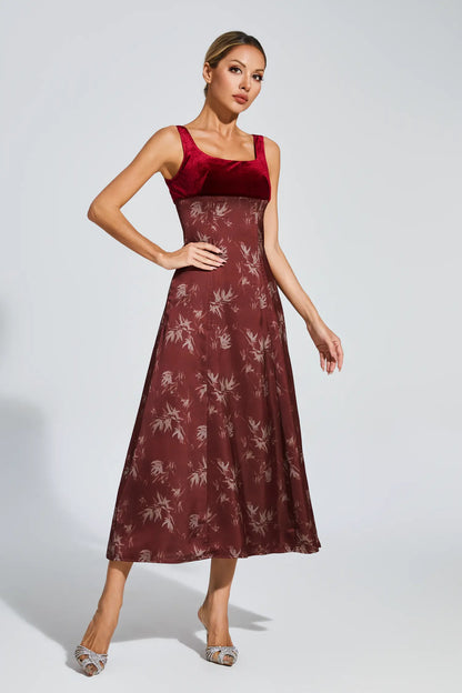 lucy Retro square neck print suspender midi dress - Burgundy