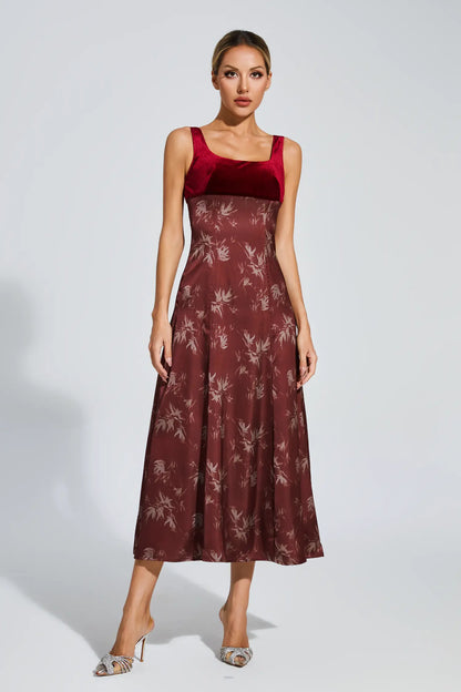 lucy Retro square neck print suspender midi dress - Burgundy