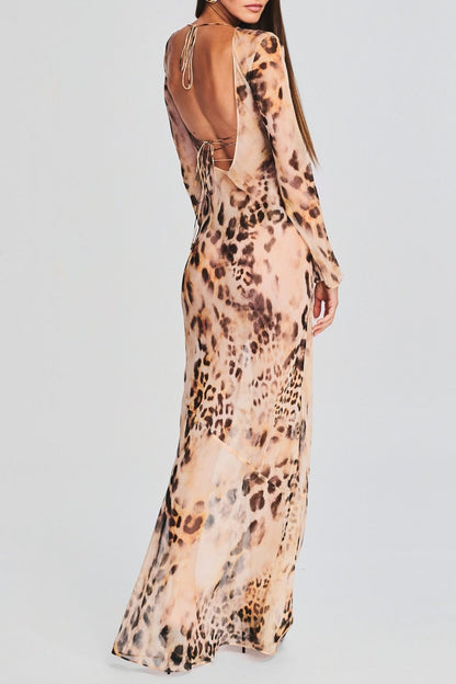 Milada Leopard Backless Silk Maxi Dress