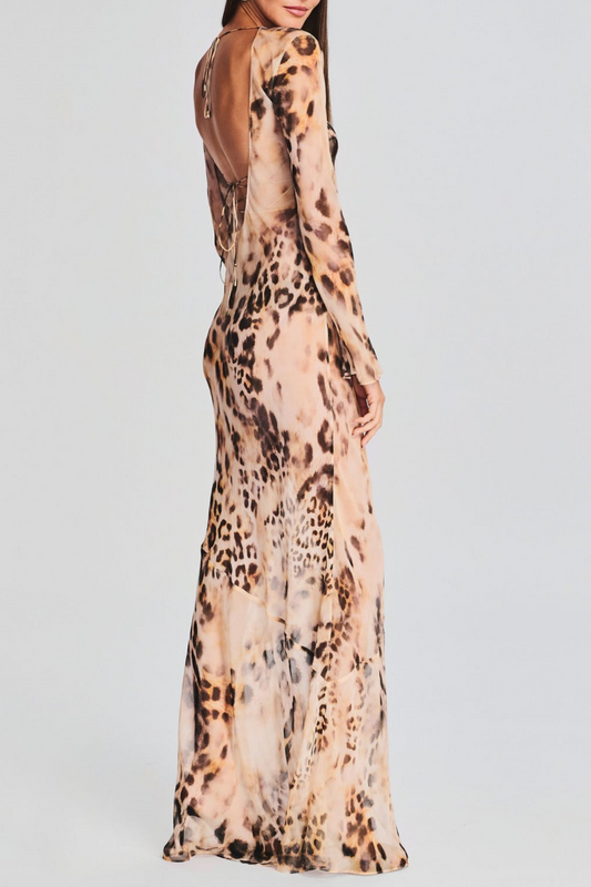 Milada Leopard Backless Silk Maxi Dress