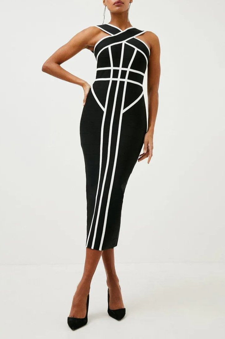 MYRNA CROSS STRAP COLOR BLOCK MIDI SLIT DRESS