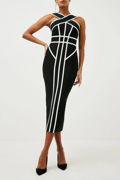 MYRNA CROSS STRAP COLOR BLOCK MIDI SLIT DRESS