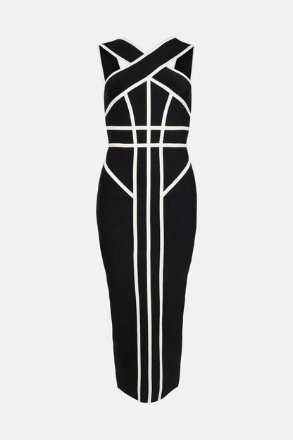 MYRNA CROSS STRAP COLOR BLOCK MIDI SLIT DRESS