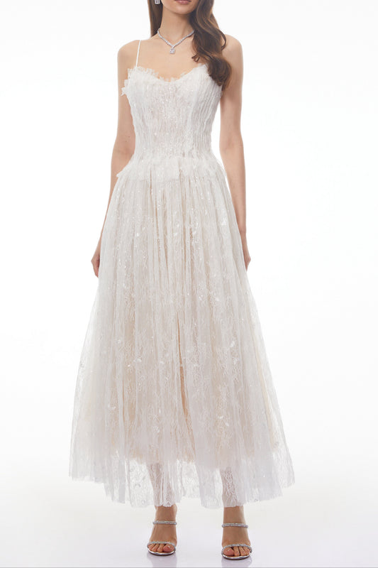 Nadir White Pleated Lace Maxi Dress
