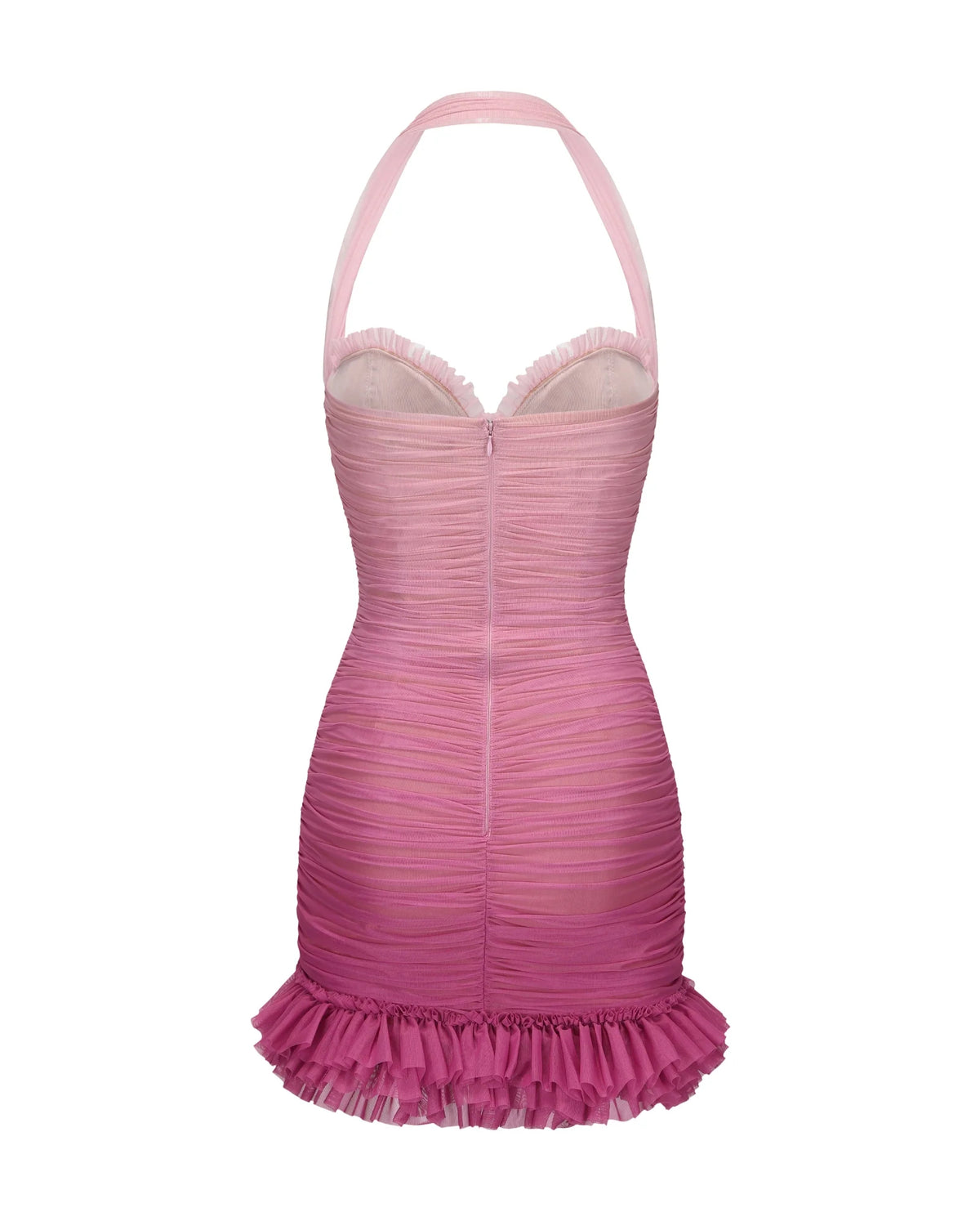 Halter Mesh Gradient Rushed Mini Dress in Pink