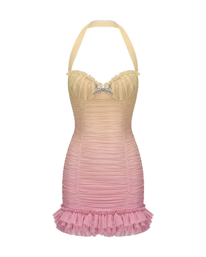 joyce pleated hem mini dress in Gradient yellow