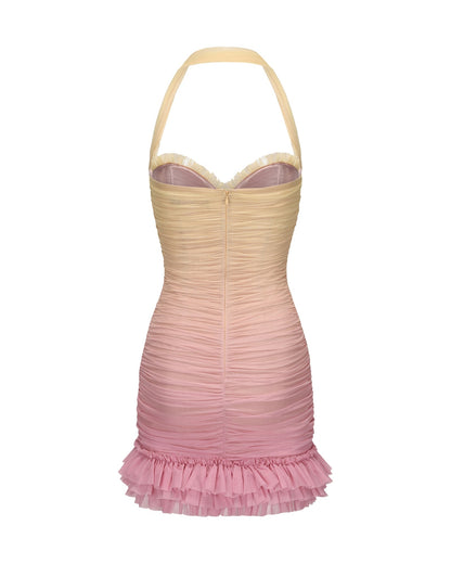 joyce pleated hem mini dress in Gradient yellow