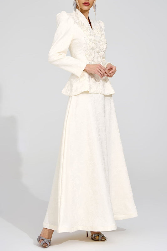 sabrina floral Embroidered coat maxi skirt set - apricot