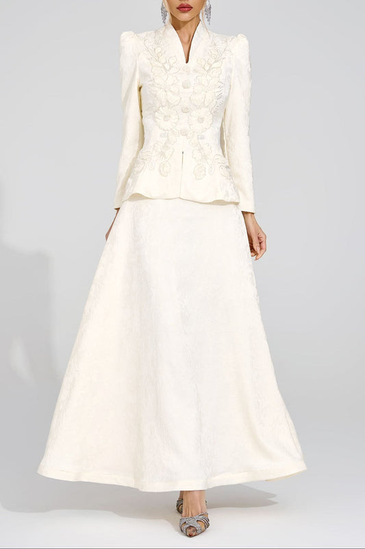 sabrina floral Embroidered coat maxi skirt set - apricot